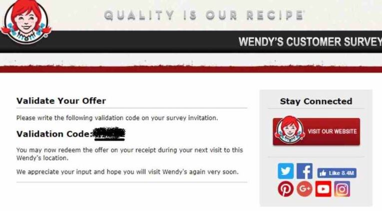 Wendys Survey Validation Code